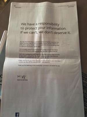 Facebook扎克伯格在英美9家报纸登报道歉，正式为泄密说了Sorry